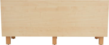 Ein rechteckiger Tisch aus hellem Holz mit glatter, flacher Oberfläche und sechs geraden Holzbeinen, von der Rückseite aus gesehen. Die Maserung des Holzes ist auf der gesamten Rückwand sichtbar.