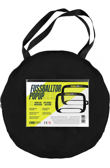 Eine schwarze Tragetasche mit zwei Griffen und einem durchsichtigen Etikett mit der Aufschrift Fussballtor Popup-Set und dem Bild eines tragbaren Fussballtors. Das Etikett zeigt auch Produktdetails und das Branding von Xtrem Sports.