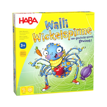 Eine gelbe Schachtel für das Spiel Walli Wickelspinne von HABA. Sie zeigt eine Cartoon-Spinne, die eine Karotte und eine Aubergine hält, mit einem Netz im Hintergrund. Auf der Schachtel steht, dass das Spiel für Kinder ab 3 Jahren geeignet ist.