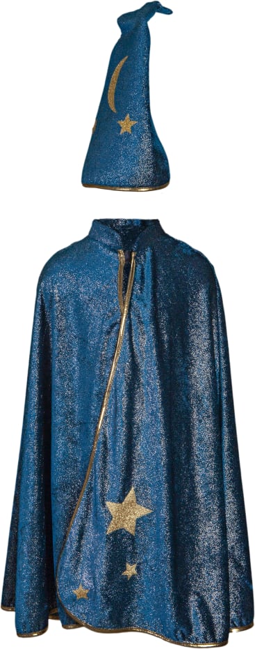 Ein blau schimmerndes Zaubererkostüm mit einem spitzen Hut, der mit einer goldenen Mondsichel und Sternen verziert ist, und einem passenden Umhang, der mit goldenen Sternen und einer goldenen Borte verziert ist.