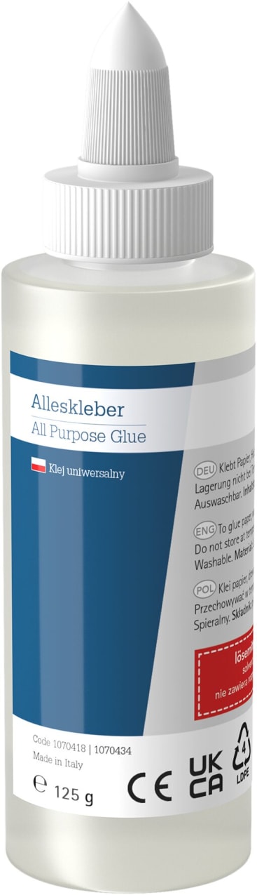 Eine Kunststoffflasche mit Allzweckkleber und weißem Drehverschluss. Das Etikett enthält Text in mehreren Sprachen, Sicherheitssymbole und das Produktgewicht von 125 Gramm.