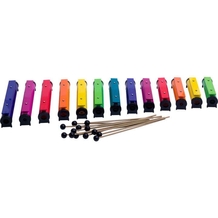 Farbige Glockenstäbe, 13 Stück mit Schlägeln