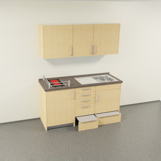 WEHRFRITZ Küchenblock für den Kita-Speiseraum, mit Kochfeld, Kühlschrank und Edelstahlspüle, Spielküche/Kinderküche