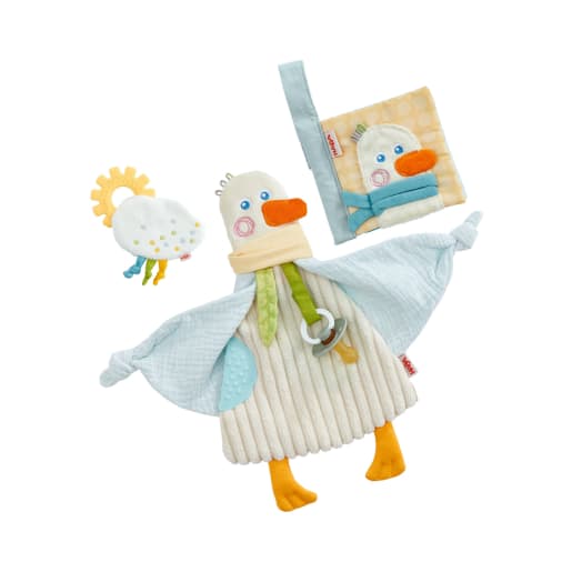 HABA Baby-Spiel-Set Gans 3-in-1, Stoffspielzeug für Babys, Greifspielzeug Baby, Entdeckerspielzeug