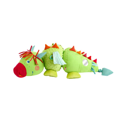 HABA Entdeckertier Drache Rudy, Stoffspielzeug für Babys, Greifspielzeug Baby, Entdeckerspielzeug