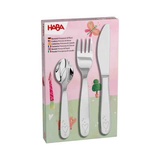 HABA Kinderbesteck Prinzessin & Pferd, 3-teiliges Set mit Messer, Gabel, Löffel