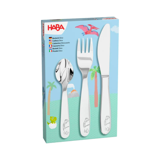 HABA Kinderbesteck Dino, 3-teiliges Set mit Messer, Gabel, Löffel