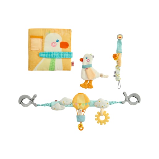 HABA Baby-Spiel-Set Gans 4-in-1, Stoffspielzeug für Babys, Greifspielzeug Baby, Entdeckerspielzeug