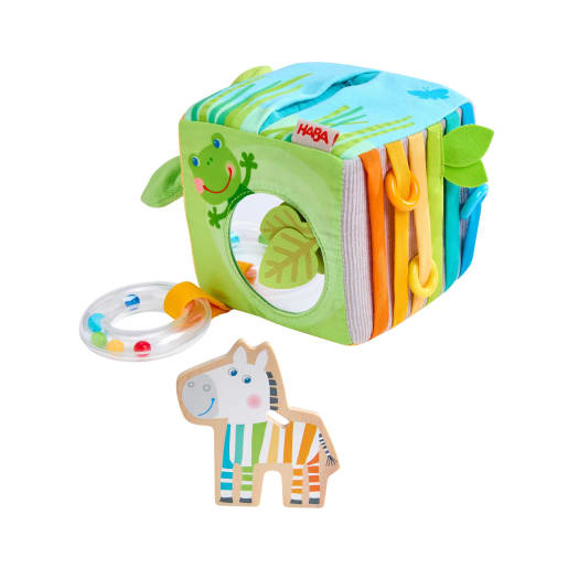HABA Entdeckerwürfel Zebra, Hochwertiges Holz, geprüfte Qualität, Stoffspielzeug für Babys, Greifspielzeug Baby, Entdeckerspielzeug