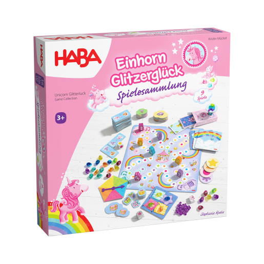 HABA Einhorn Glitzerglück – Spielesammlung, Brettspiel, Klassiker, Familienspiel, Kinderspiel