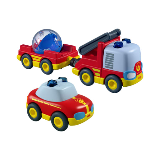HABA Haba Cars - Feuerwehr Spielset, mit 2 Autos, Hänger und Wasser Kugel | ab 2+ Jahre | Bau und Konstruktionsspielzeug