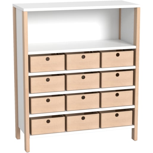 WEHRFRITZ Regalschrank Linus mit 12 Materialkästen, B 110,4 x H 131,8 (mit Füßen) x T 45,7 cm | ab 0+ | Hochschränke und mittelhohe Schränke | Für 